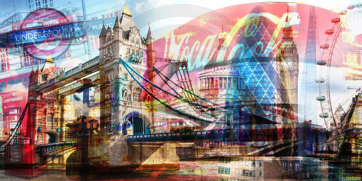 London Collage Panorama Kunst Bilder. - Moderne Artwork Pop-Art und